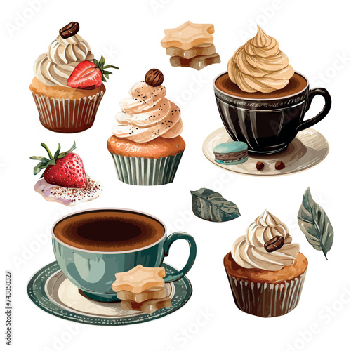 Coffee and cupcake element collection with fruits, sweets and bakery