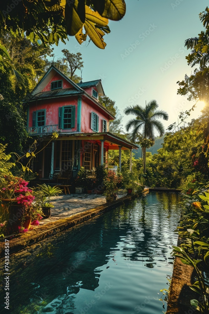 A picturesque pink house stands peacefully next to a tranquil body of water, creating a charming scene of serenity and beauty A picturesque pink house stands peacefully next to a tranquil body of water, creating a charming scene of serenity and beauty