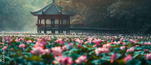 The tranquil beauty of Jiading Lotus Pond, Taiwan, where delicate lotus blooms carpet the water's surface in a riot of pink and green photo