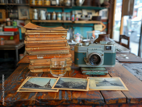 Old instant photos with old camera and old equipment on table in coffee shop photo