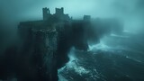 An ancient castle perched atop a rugged cliff, overlooking the crashing waves of the sea below, shrouded in mist and mystery