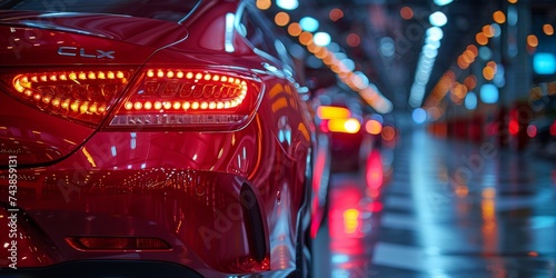 A sleek and powerful red sports sedan with intricate automotive lighting and luxurious design sits illuminated in the night, showcasing its striking wheels and dynamic presence as a top-tier land veh
