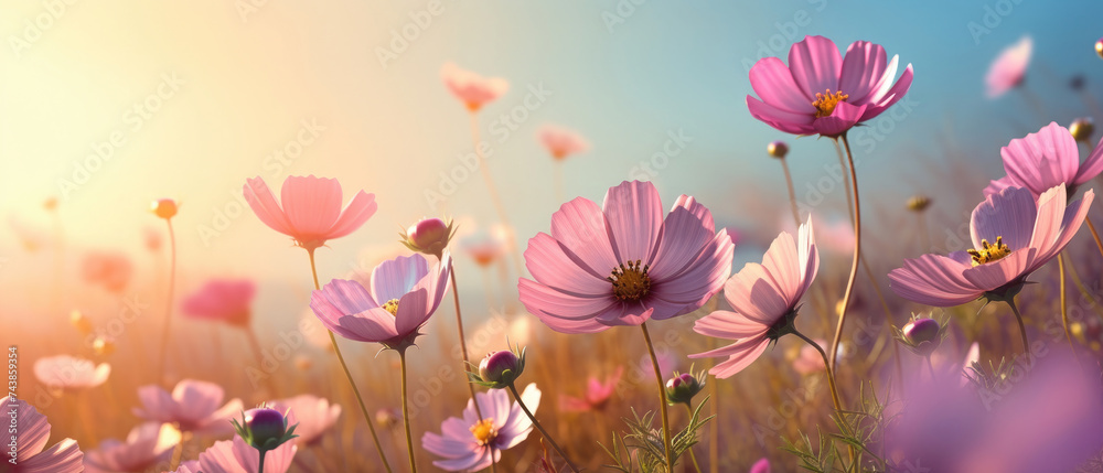 The gentle breeze slowly warms the summer various flowers bloom in the flower fields with the golden light of sunset The gentle breeze slowly warms the summer various flowers bloom in the flower fields with the golden light of sunset