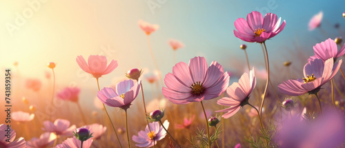The gentle breeze slowly warms the summer various flowers bloom in the flower fields with the golden light of sunset created with Generative AI Technology © AstraNova