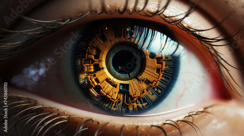 Hyperrealistic human eye close-up with microchip in the center of the eye. Sci-fi concept of cyborg eye. Generative AI