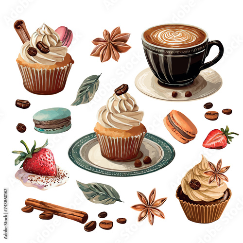 Coffee and cupcake element collection with fruits, sweets and bakery
