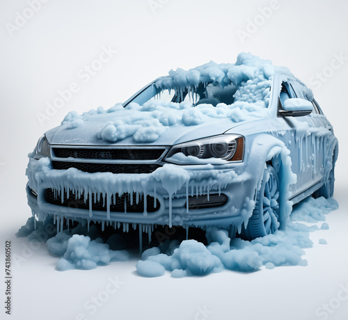 Frozen car isolated on white background. Car covered with snow and ice. Car stuck in ice. Car frozen.