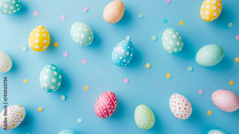 Colorful easter eggs laid out around a blue backgrou , Ai generated Image Colorful easter eggs laid out around a blue backgrou , Ai generated Image
