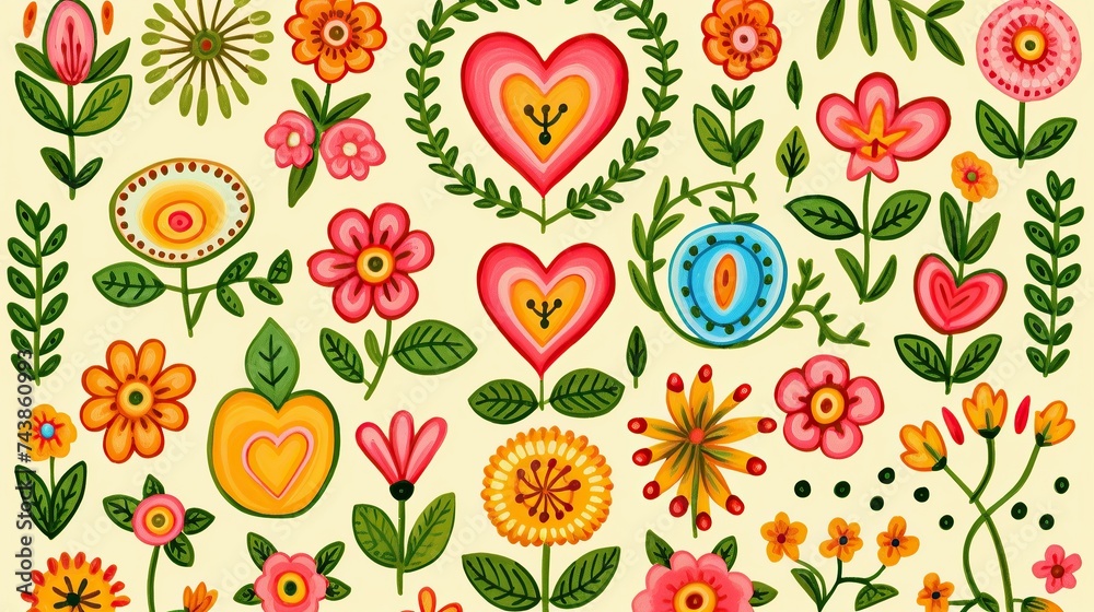 A vibrant painting featuring an array of colorful flowers and hearts on a bright white background