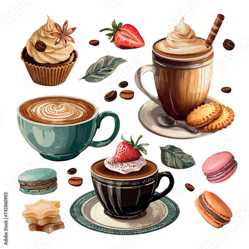 Coffee and cupcake element collection with fruits  cookies and sweets