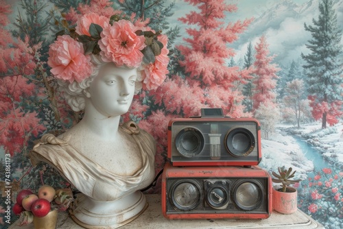 A majestic statue of a woman wearing a flower crown stands gracefully next to weathered old retro boombox, exuding a sense of tranquility and timelessness