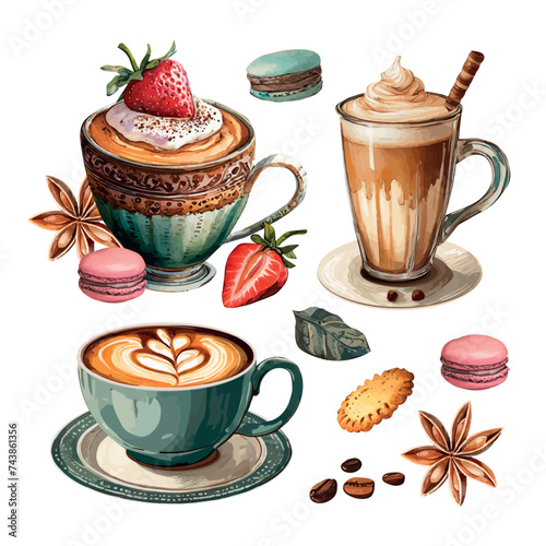 Vector latte and cappuccino coffee and cupcake element collection with fruits and sweets