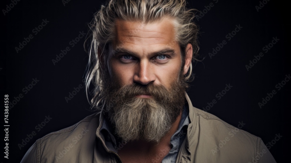 A close-up portrait of a handsome, confident, strong middle-aged man with a gray beard and long hair looking at the camera on a black background.