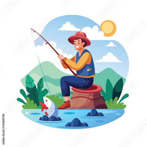 Flat Illustration Vector Of Someone Fishing