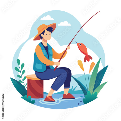 Flat Illustration Vector Of Someone Fishing
