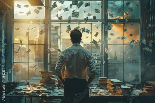 A man stands in front of a window displaying a large amount of money. He is looking at the cash with a thoughtful expression, possibly contemplating its value or significance