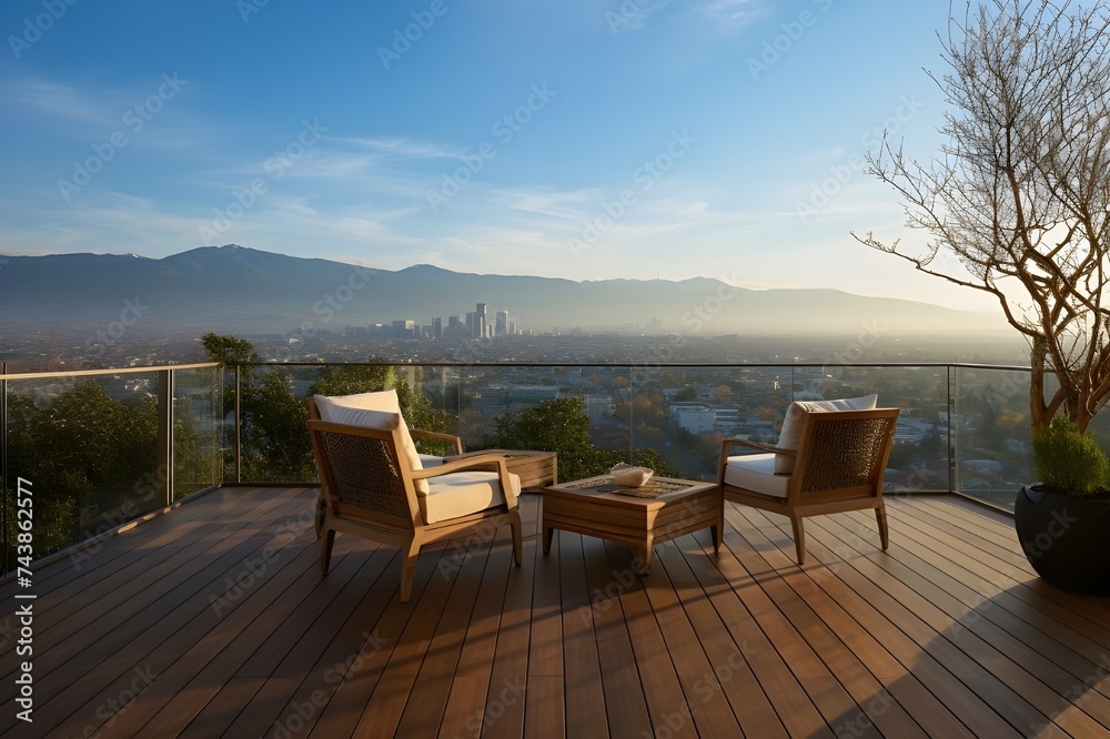 Elevated deck with panoramic views of the mountains or city.
