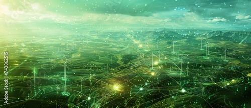 Conceptual network connections mapping future of green energy  wind farms  solar plants  tie in with smart power grid