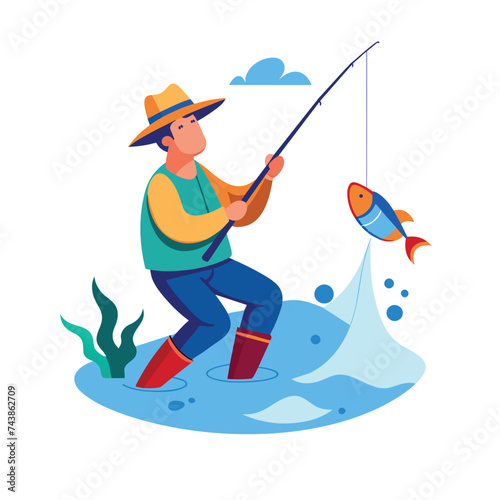 Flat Illustration Vector Of Someone Fishing