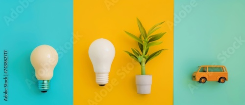 Flat lay conceptual photograph clean energy icons, light bulb, waste recycle, electric transport with plant ,copy-space photo