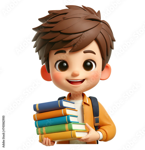 3d style cartoon school boy character happy smiling, ready for school holding books, isolated on white.  Transparent PNG