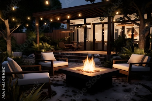 Starlit backyard with a fire pit and comfortable seating. 