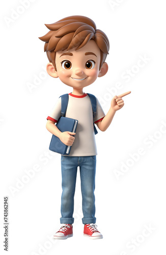 3d style cartoon school boy character pointing hand,  presenting , draws attention to something, isolated on white.  Transparent PNG