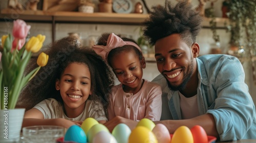 Happy black family enjoying together on easter at home