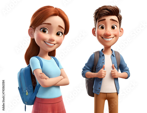 3d style cartoon students characters standing and smiling on camera , isolated on white.  Transparent PNG