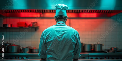 Fototapeta Naklejka Na Ścianę i Meble -  A stylish man in a chef's hat stands confidently against a colorful indoor wall, his clothing exuding professionalism and passion for the culinary arts