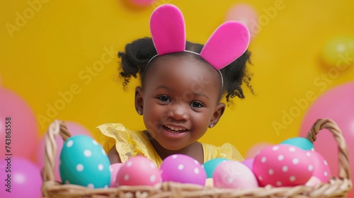 Little cute black girl wear bunny ears holding basket of easter egg in yellow background
