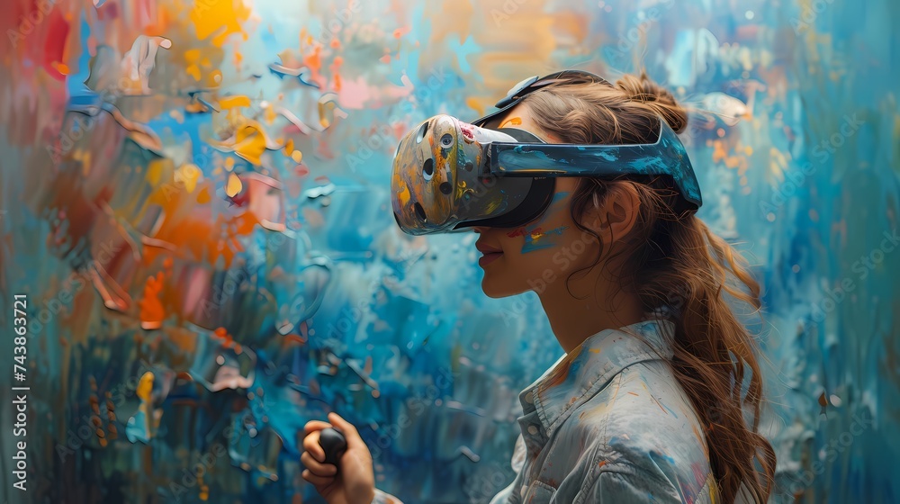 An artist exploring virtual reality painting, wearing a VR headset and using handheld controllers to paint in a digital 3D environment, surrounded by colorful strokes and vibrant textures