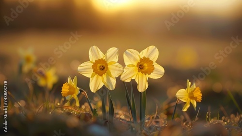 Daffodils in golden light  in sunset  in early spring  spring flowers  yellow  narcissus  garden  easter flowers  blooming  banner  background