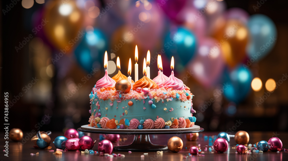 Birthday cake with candles. Colorful balloons on the background. Birthday cake with candles. Colorful balloons on the background.