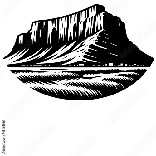 Circular Vintage Mountain Scene Black and White