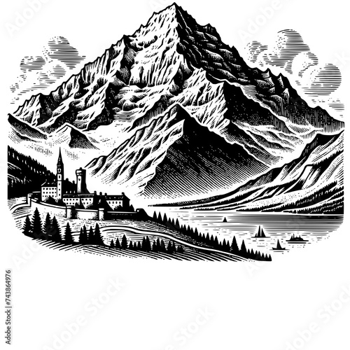 Vintage Mountain Scene Black and White