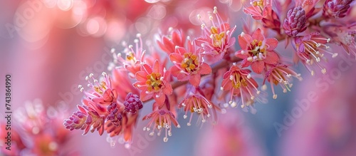 A vibrant pink flower blooms beautifully on a branch in a garden.