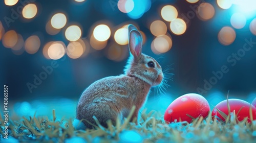 Bunny with decorated Easter eggs on the grass in dark blue light.