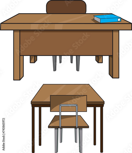 Conjunto de muebles, escritorio de profesor y pupitre escolar, ilustración vectorial estilo cartoon.