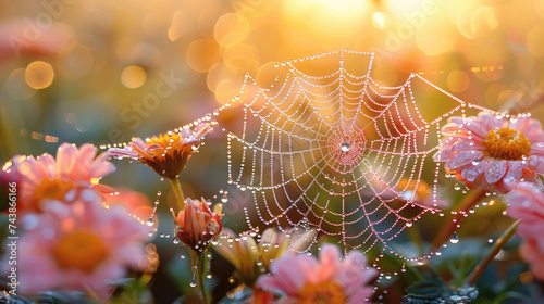 A spider's web adorned with dewdrops, intricately weaving through a tapestry of pink flowers, is gently illuminated by the first rays of the morning sun.