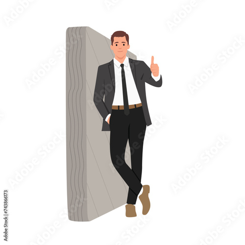 Man in a black suit and tie leaning on wall and showing thumbs up. Flat vector illustration isolated on white background