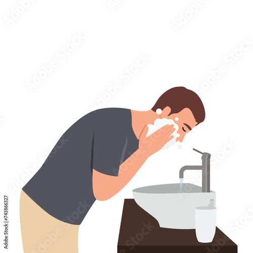 Young man in bathroom washing cleansing for acne facial treatment in sink splashing cold water onto face. Flat vector illustration isolated on white background