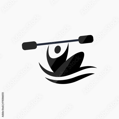 Vector icon of a rower sitting in a boat. Illustration of a rower holding an oar above his head. Rowing flat icon, pictogram. Sports events and competitions. Summer Olympic games.