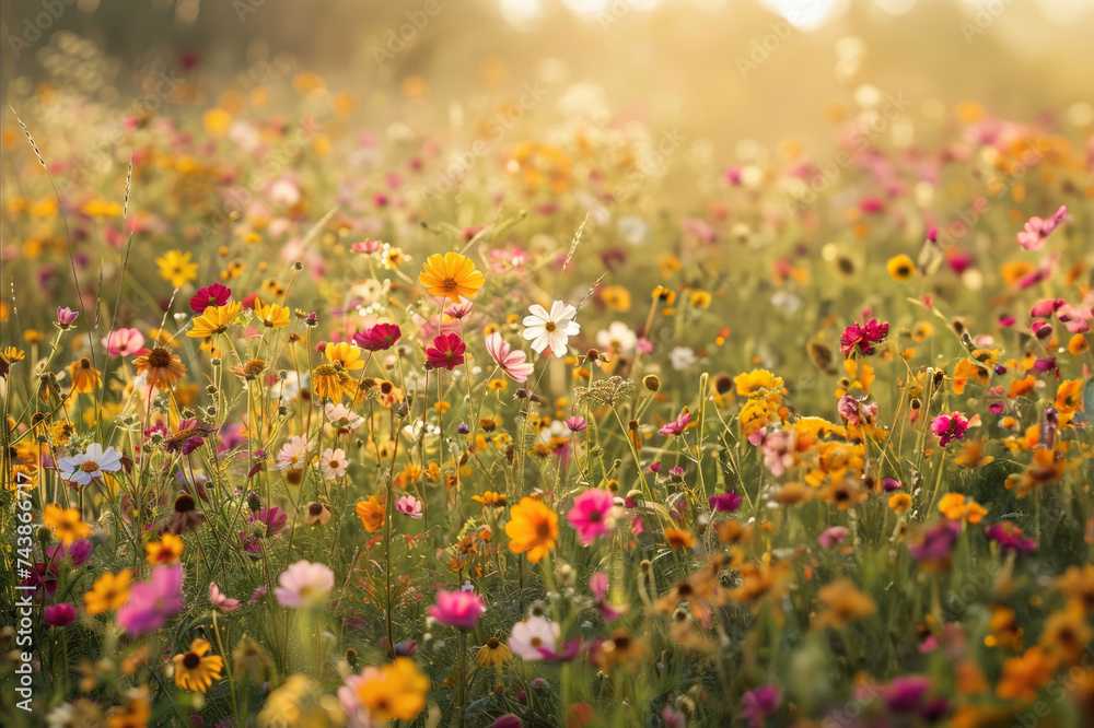 Early summer colours of vibrant wildflower meadow with a golden hour glow.