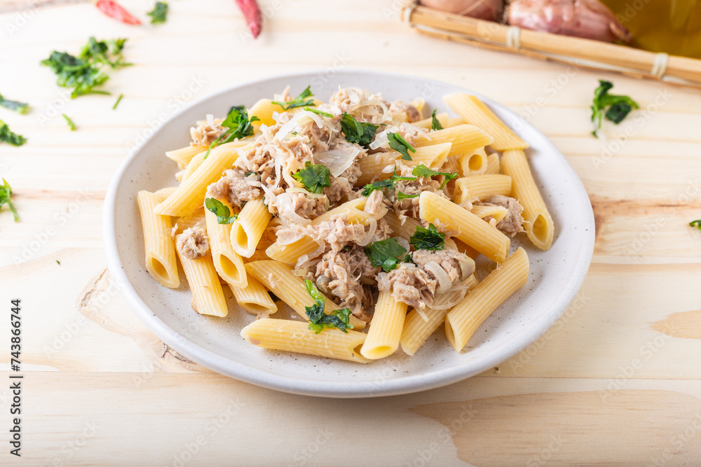 Pasta with tuna, Italian food. Good for lunch or dinner, quick and healthy.
