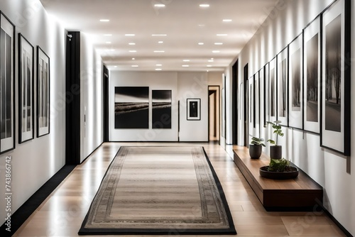 A minimalist hallway with recessed lighting, a long runner rug, and framed black and white photographs