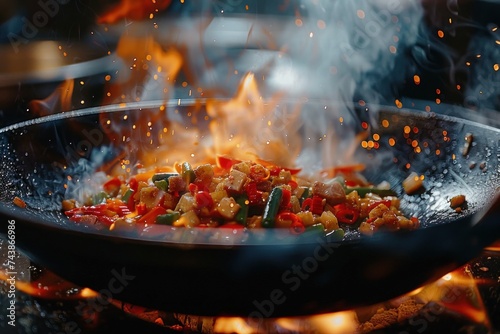 A wok sits on a stovetop, filled with a variety of delicious food such as stir-fried vegetables, meats, and noodles. The stove flames underneath the wok, heating the contents evenly