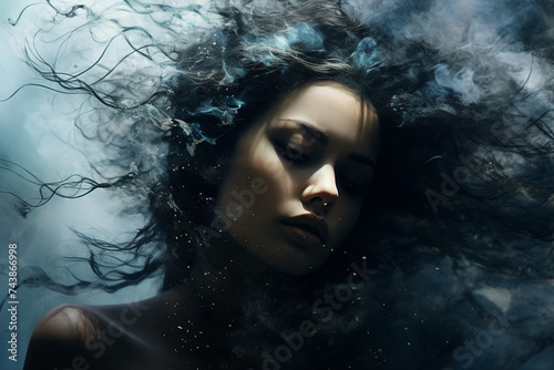 Generative ai photography of a mysterious fantasy beautiful woman in smoke on grey background