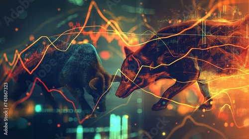 An abstract design featuring stylized representations of a gold bull and a black fox, with intertwining stock market line graphs in the background, illustrating market trends. 8k