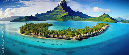 Beautiful landscape views of green mountains, wide blue ocean, bridges and traditional houses in Bora Bora island French Polynesia created with Generative AI Technology